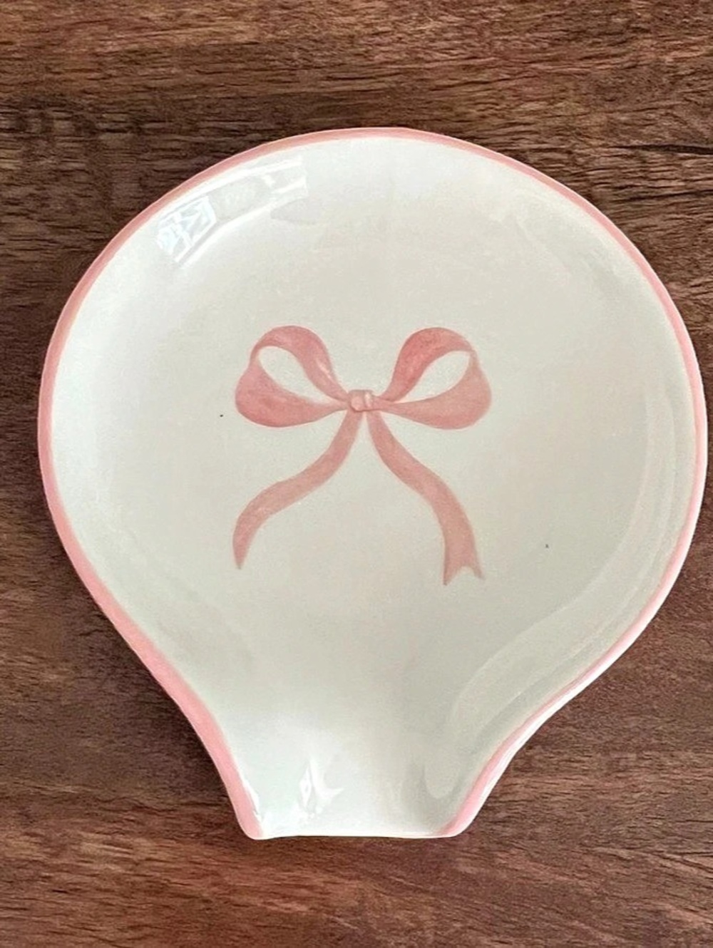 New White Ceramic Spoon Rest with Pink Bow